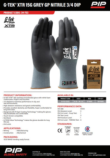 G-Tek Xtr 15G Gp Nitrile 3/4 Dip Gloves - 12 Pairs in 7 Size Options