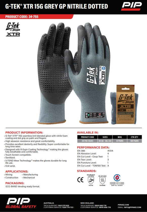 G-Tek Xtr 15G Gp Nitrile Dotted Gloves - 12 Pairs in 7 Size Options