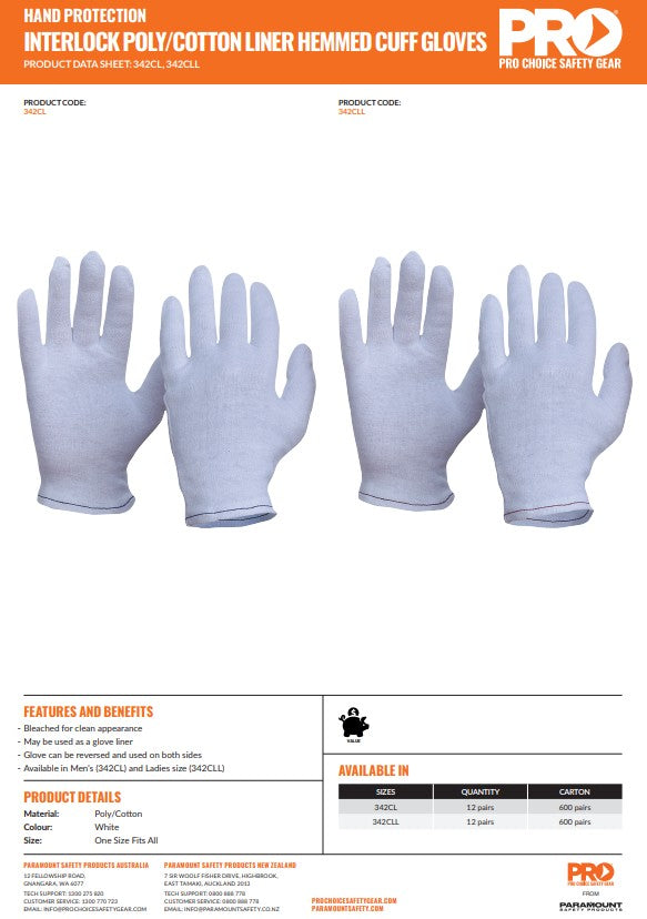 Pro Choice Interlock Poly/Cotton Liner Hemmed Cuff Gloves - 12 Pairs in 2 Size Options