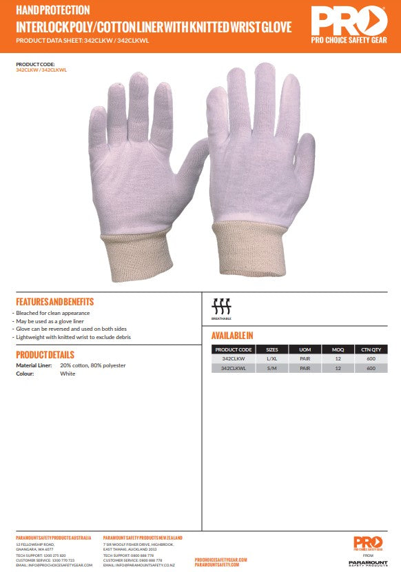 Pro Choice Interlock Poly/Cotton Liner Knit Wrist Gloves - 2 Size Options