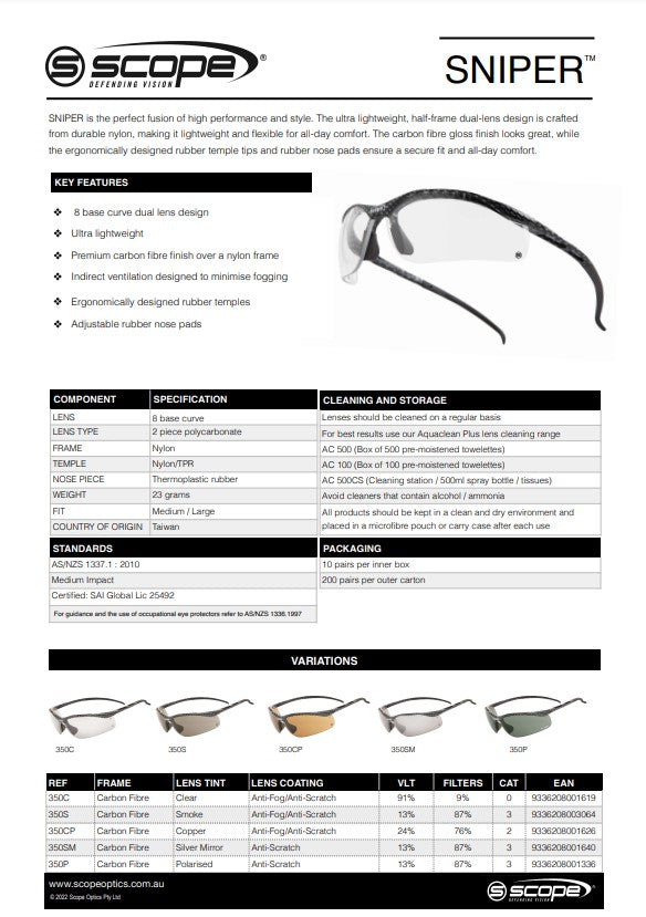 Scope Sniper Safety Glasses - 5 Lens Colour Options