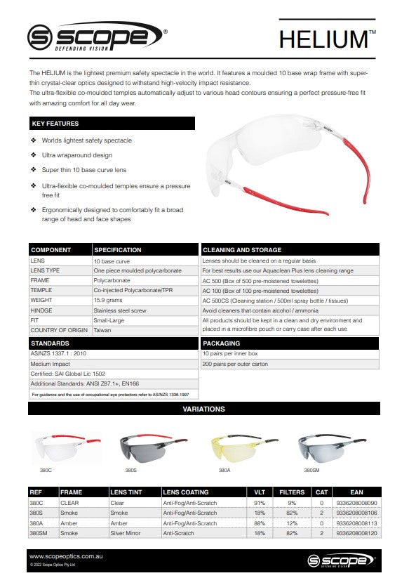 Scope Helium AF/AS Lens Safety Glasses - 10 pairs in 4 Lens Colour Options