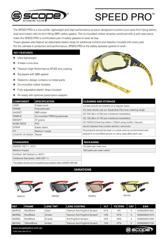 Scope Speed Pro Safety Glasses AF/AS Lens - 3 Lens and 2 Frame Colours Options