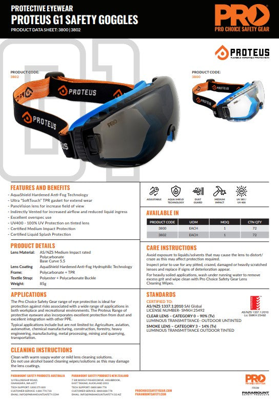 Pro Choice Proteus G1 Safety Goggles - 1 pair Smoke or Clear Lens Options