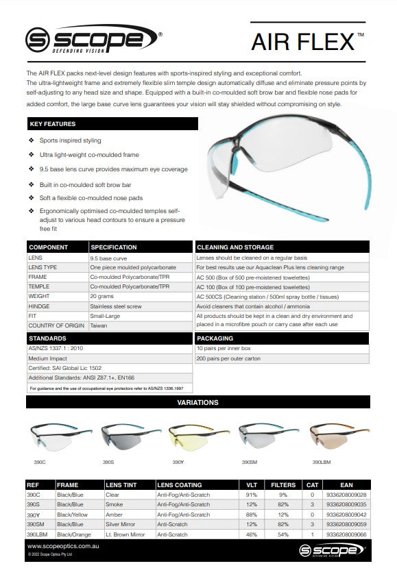 Scope Air Flex Safety Glasses - 10 pairs in 5 Lens Colour Options