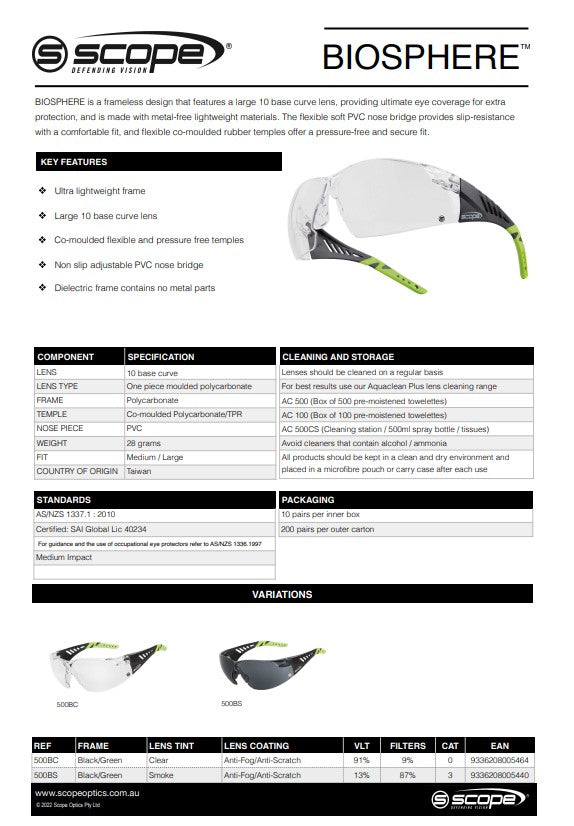Scope Biosphere Safety Glasses Black & Lime Green Temple - 10 pairs 2 Lens Colour Options