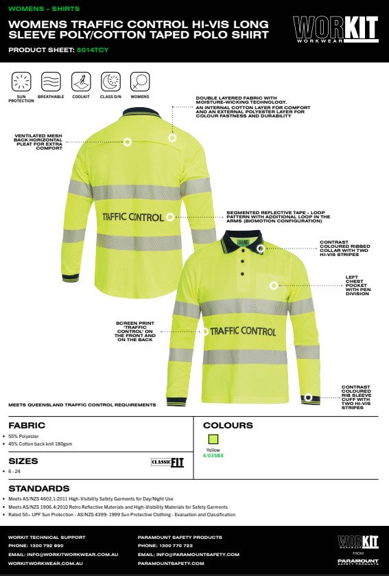 Womens Traffic Control Hi-Vis Long Sleeve Poly/Cotton Taped Polo Shirt - 2 Colour Options in Various Sizes
