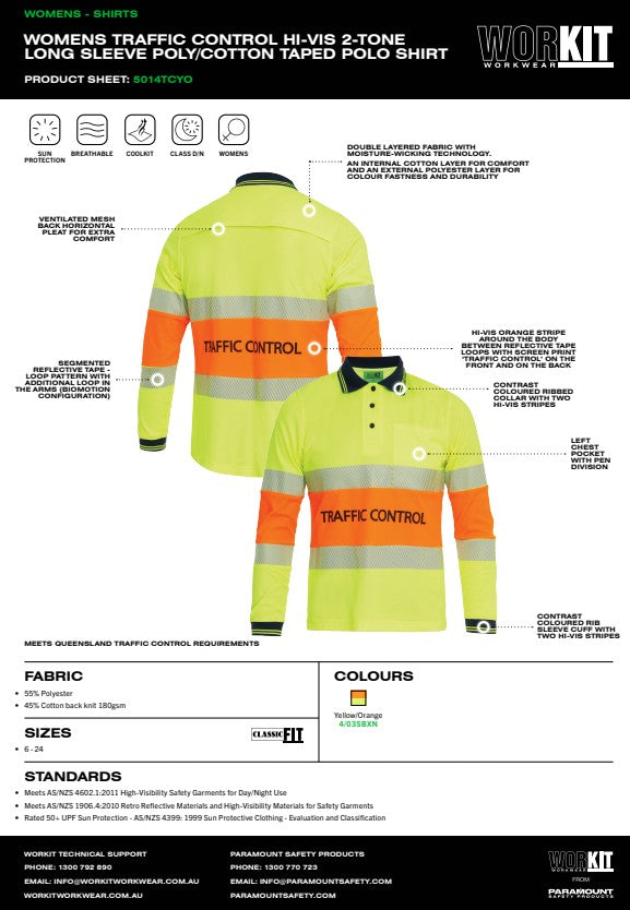 Womens Traffic Control Hi-Vis Long Sleeve Poly/Cotton Taped Polo Shirt - 2 Colour Options in Various Sizes