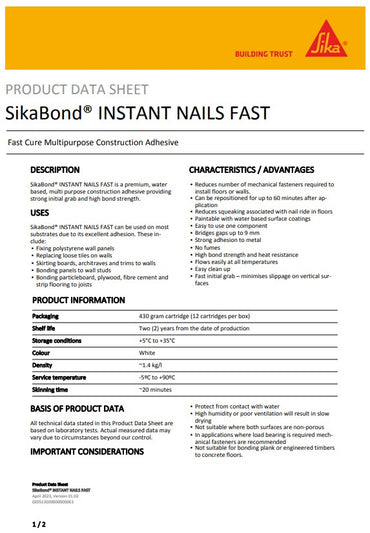 SikaBond Instant Nails Fast White 290ml 430gm Cartridge - Box of 12