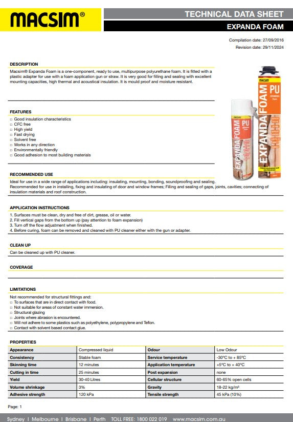 Macsim PU Expanding Foam 750ml can - Box of 12