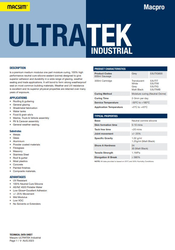 ULTRA-TEK INDUSTRIAL Silicone Sealant Grey or Matt Black Box of 20 300ml Cartridge or Box of 10 600ml Sausages