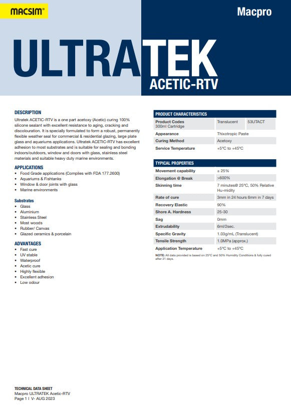 ULTRA-TEK ACETIC-RTV TRANS Silicone Sealant 300ml Cartridge - Box of 10