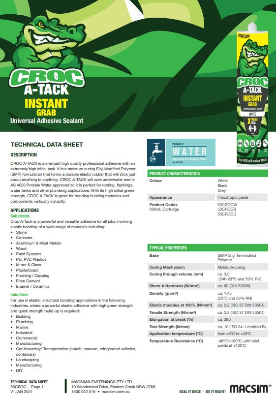 Croc A-Tack Instant Grab Adhesive Sealant Black, Grey or White- Box of 20