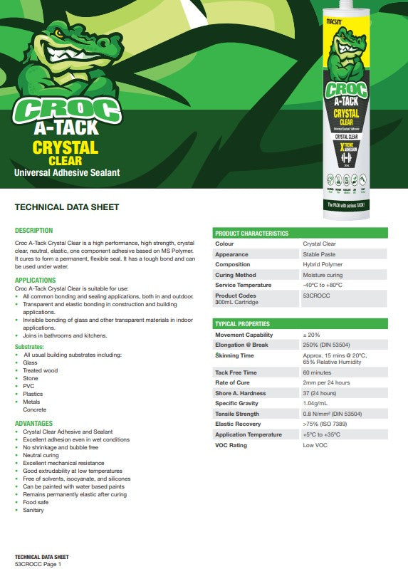 Croc A-Tack Instant Grab MS Sealant Crystal Clear - Box of 20