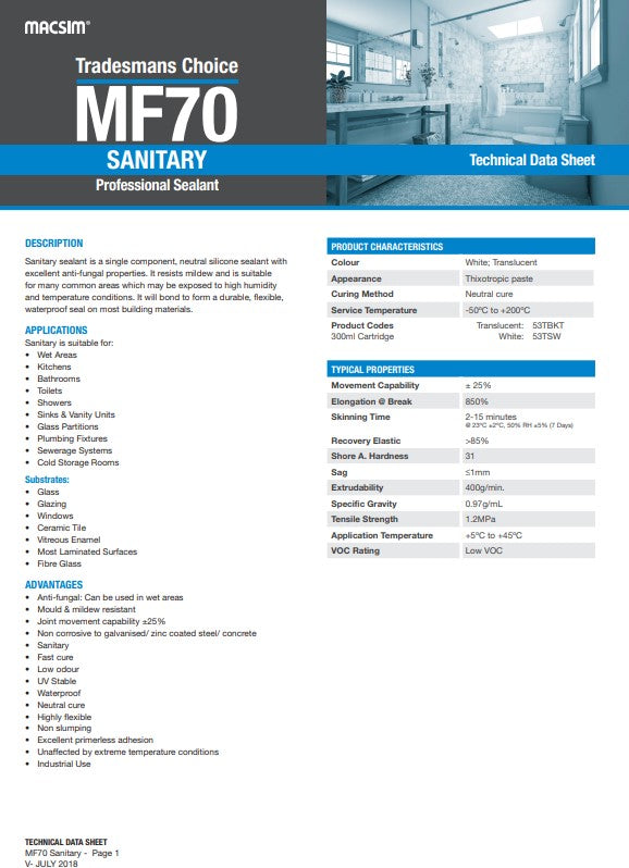 MF70 Sanitary Silicone Sealant Translucent or White 300ml Cartridges - Box of 10