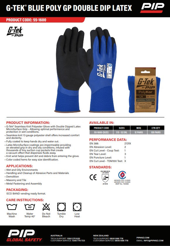 G-Tek Blue Poly Gp Double Dip Latex Gloves - 12 Pairs in 6 Size Options
