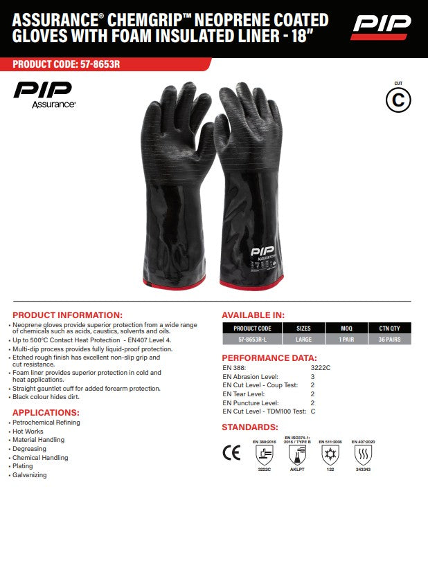 Assurance Chemgrip Neoprene Coated Gloves with Foam Insulated Liner - 18” Large - 1, 6 or 12 Pairs