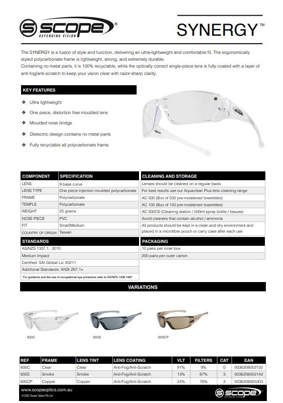 Scope Synergy Safety Glasses AF/AS - 10 Pairs in 2 Lens Colour Options