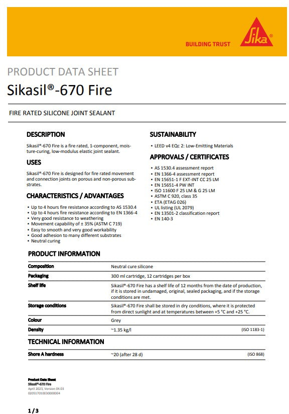 SikaSil-670 Fire Grey 300ml Cartridge - Box of 12
