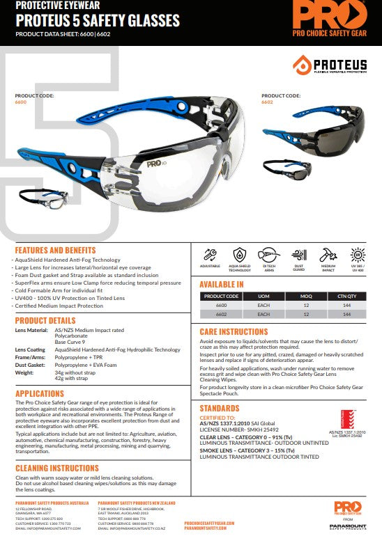 Pro Choice Proteus 5 Safety Glasses Spec & Gasket Combo - 12 Pairs 2 Lens Colour Options