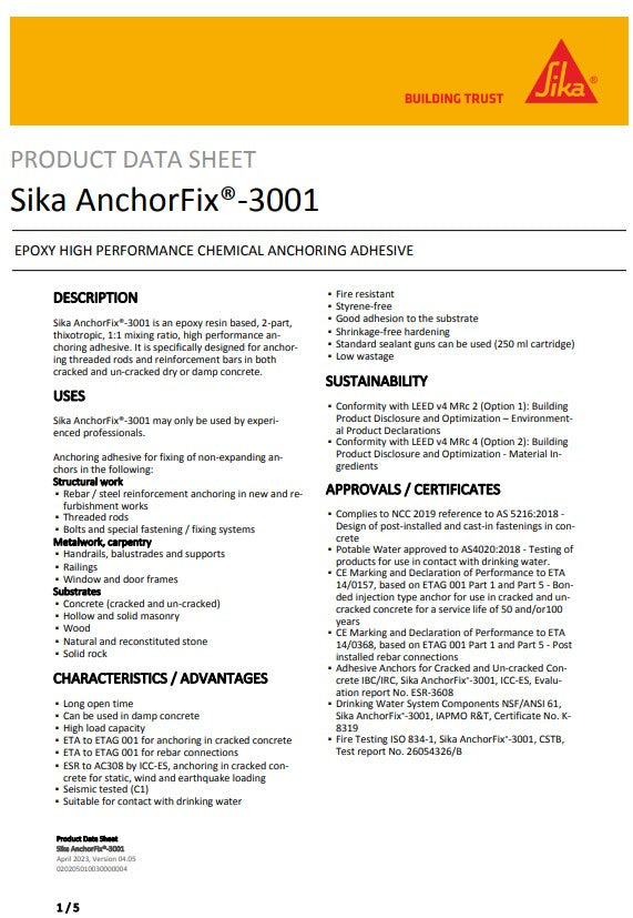 Sika AnchorFix-3001 250ml cartridge - Box of 12
