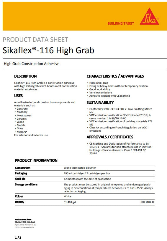 SikaFlex-116 High Grab 290ml cartridge - Box of 12