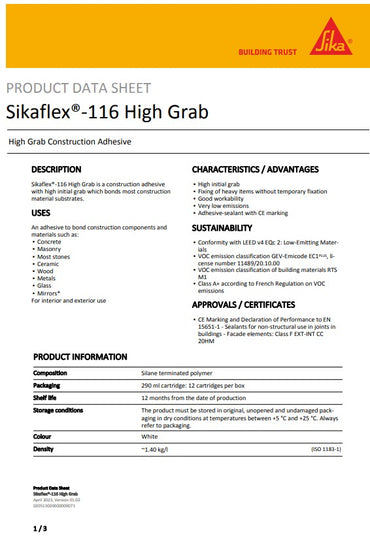 SikaFlex-116 High Grab 290ml cartridge - Box of 12