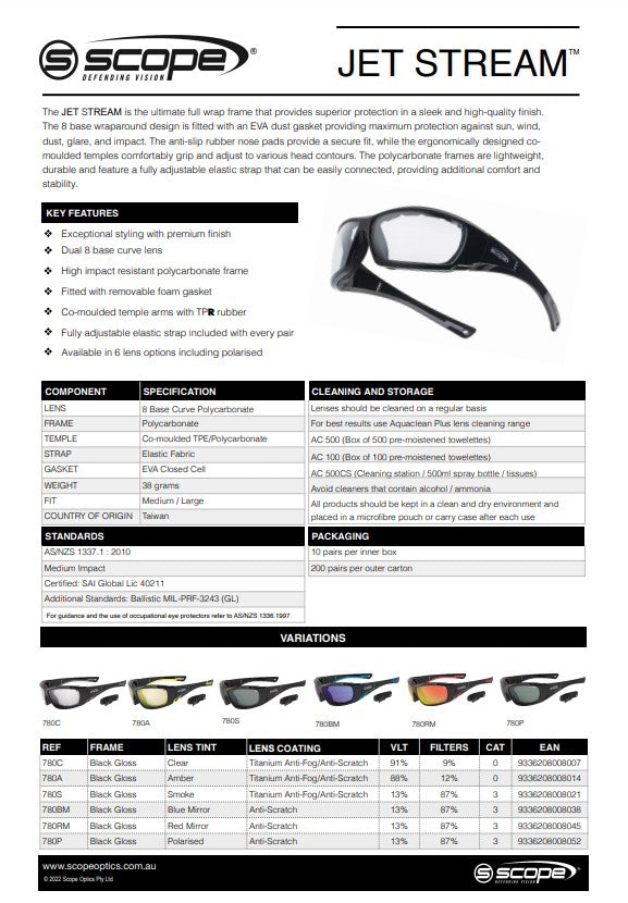 Scope Jet Stream Safety Glasses Inc Gasket + Strap in 6 Lens Colour Options