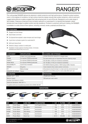 Scope Ranger Frozen Black Frame Safety Glasses - Smart Vue Photochromic Lens