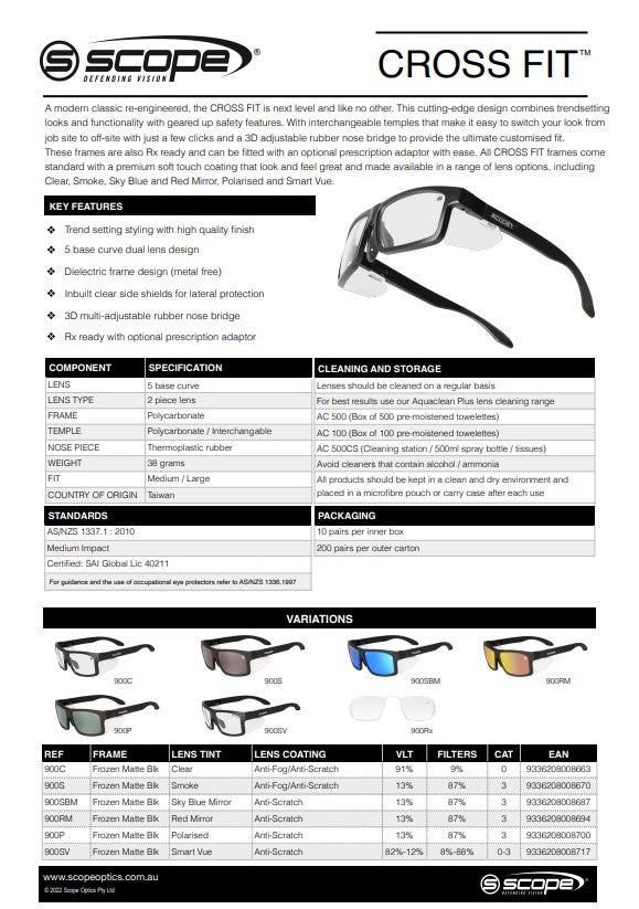 Scope Cross Fit Frozen Black Frame Safety Glasses with X-Fit Temples - 6 Lens Colour Options