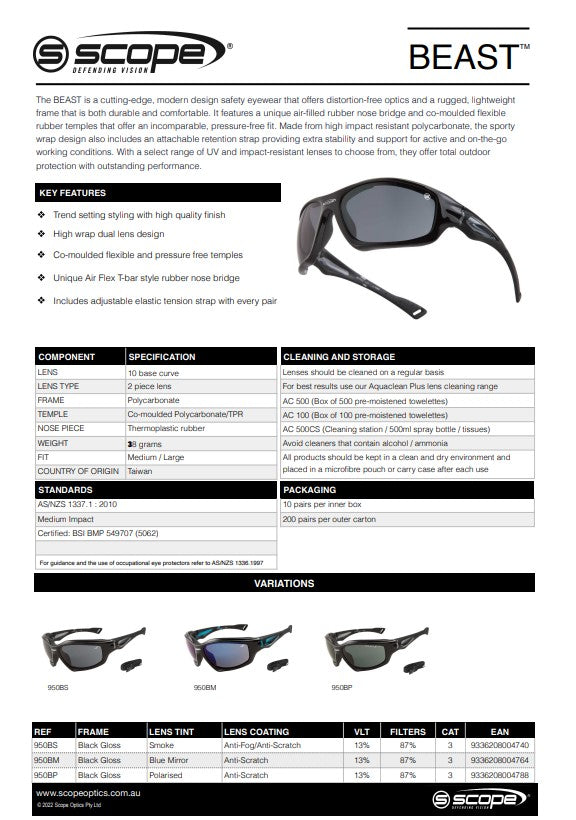 Scope Beast Black Frame Safety Glasses - 3 Lens Colour Options