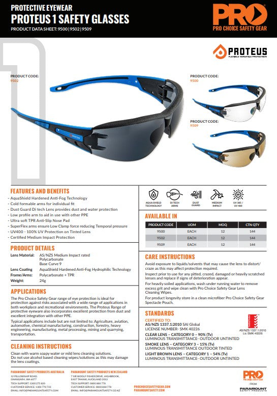 Pro Choice Proteus 1 Safety Glasses with Integrated Brow Dust Guard - 12 Pairs 3 Lens Colour Options