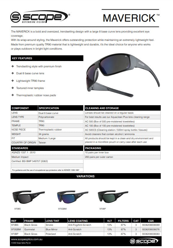 Maverick Safety Glasses Black Gloss or Gunmetal Frame in 3 Lens Colour Options