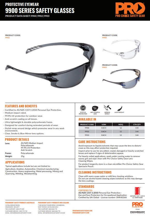 9900 Series Safety Glasses - 3 Lens Colour Options
