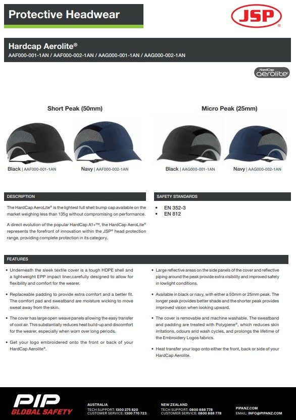 JSP Hardcap Aerolite Short, Micro Peak or 60° 2.5cm Peak in Various colours