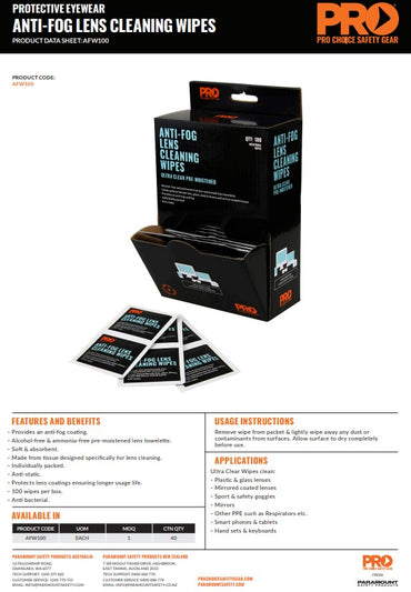 Pro Choice Lens Cleaning Wipes - Anti-Fog or Alcohol Free Box of 100