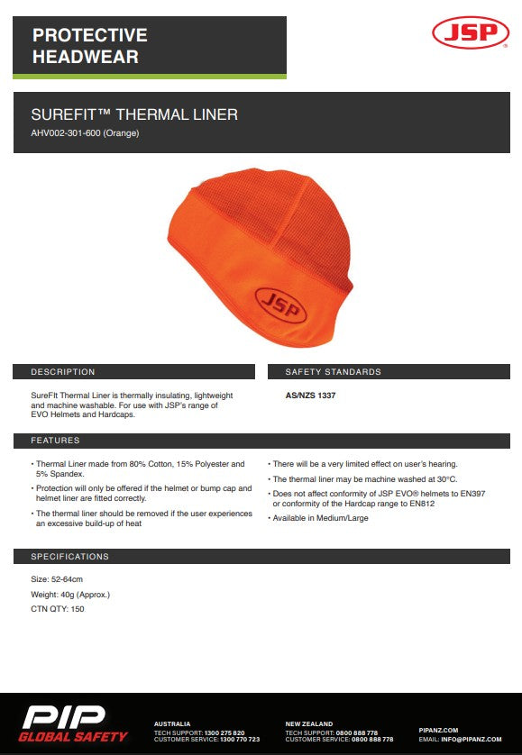 JSP Surefit Thermal Safety Helmet Liner Hi Vis Orange suits medium-large