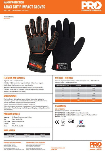 Pro Choice Arax Cut F Impact Gloves - 1, 6 or 12 Pairs in 6 Size Options