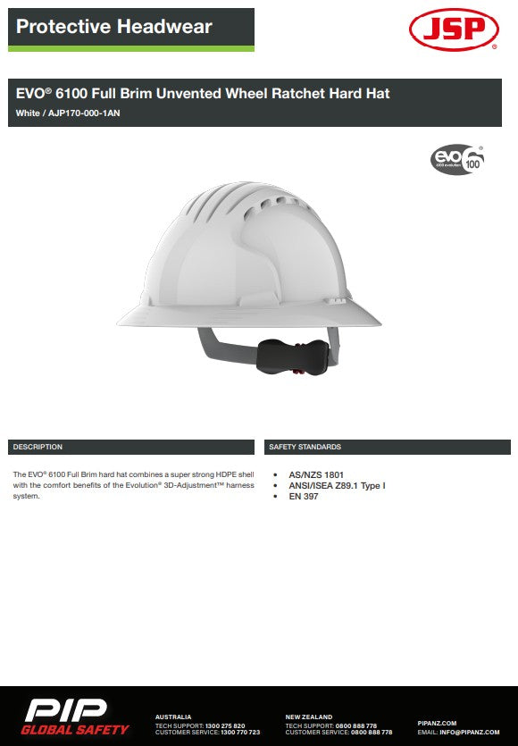 JSP Evo 6100 and 6161 Full Brim Hard Hat White - vented and unvented