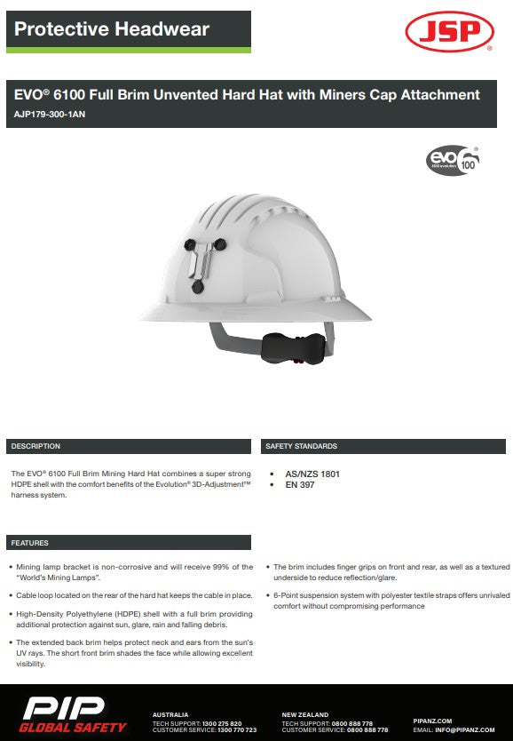 JSP Evo 6100 and 6161 Full Brim Hard Hat White - vented and unvented