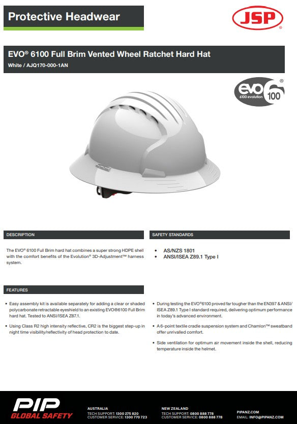 JSP Evo 6100 and 6161 Full Brim Hard Hat White - vented and unvented