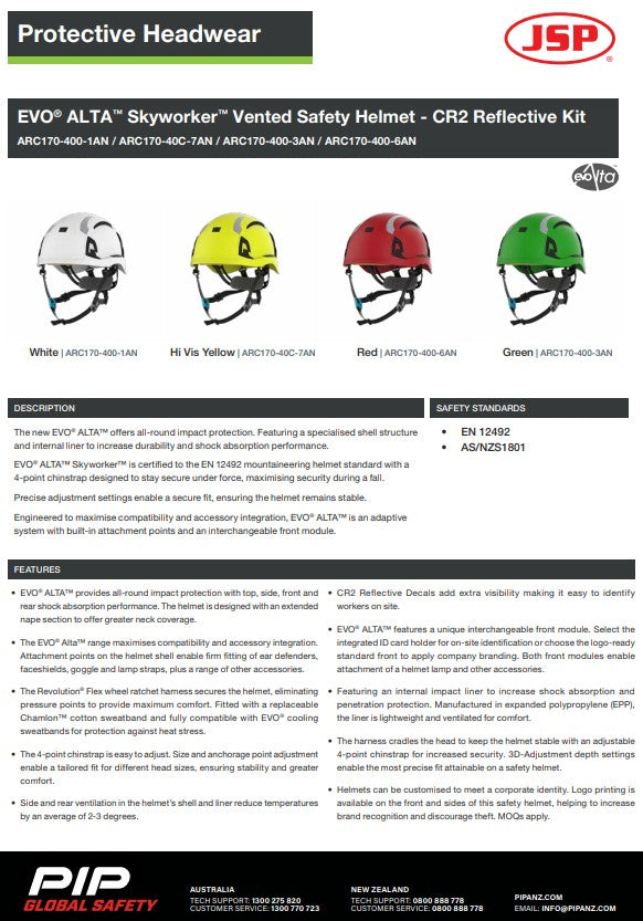 JSP Evo Alta Skyworker Vented Safety Helmet With Cr2 Reflective Kit in 4 colour options