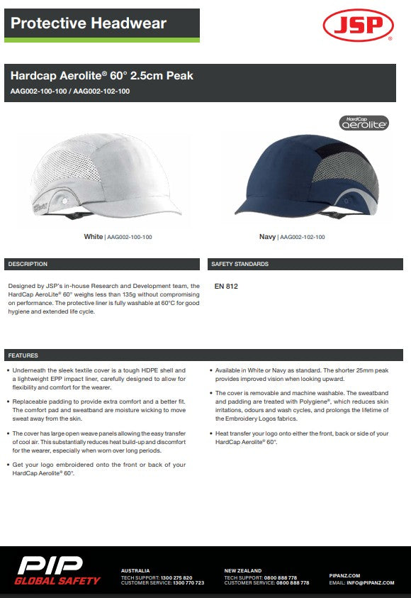 JSP Hardcap Aerolite Short, Micro Peak or 60° 2.5cm Peak in Various colours