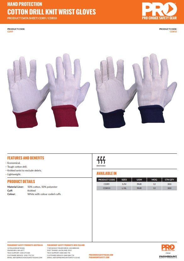 Pro Choice Cotton Drill Knit Wrist Gloves - Ladies Red Wrist or Mens Blue Wrist