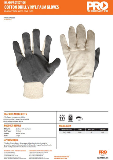 Pro Choice Cotton Drill Vinyl Palm Gloves - 12 Pairs One Size Large