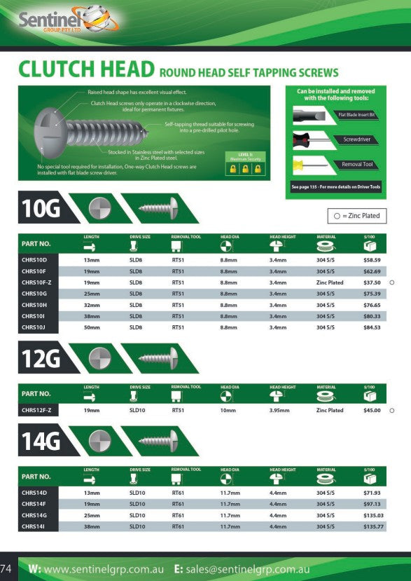 Clutch Head Round Head Self Tapping Screws Box of 100 - 304SS or Zinc Various Gauges and Lengths