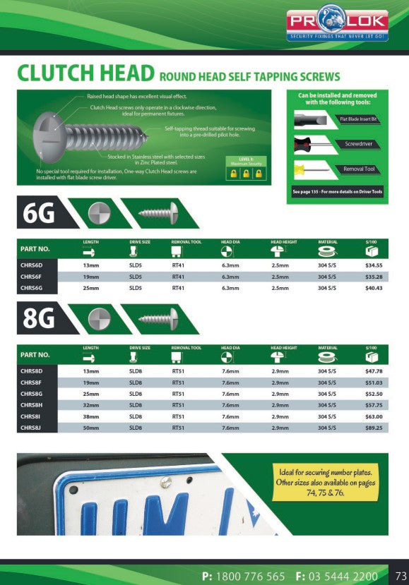 Clutch Head Round Head Self Tapping Screws Box of 100 - 304SS or Zinc Various Gauges and Lengths