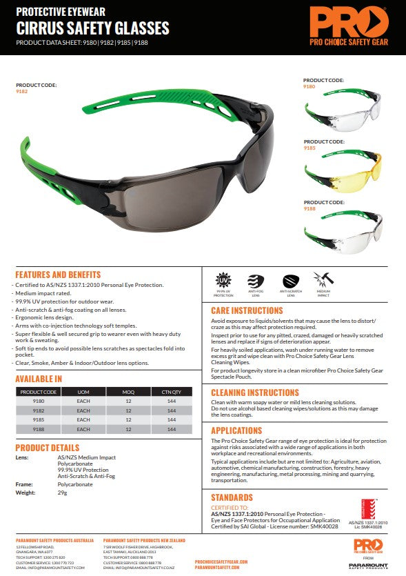 Cirrus Safety Glasses Green Arm - 12 Pairs in 4 Lens Colour Options