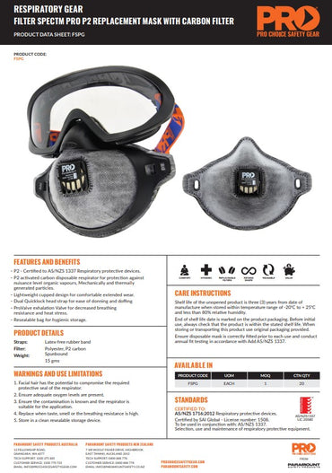 Pro Choice FilterSpec Pro Goggle Mask Combo P2 Valve & Carbon Filter