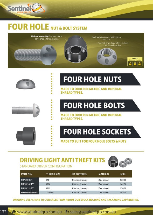 Four Hole M8 Nuts, M8, M10 and M12 Kits or Drive Socket
